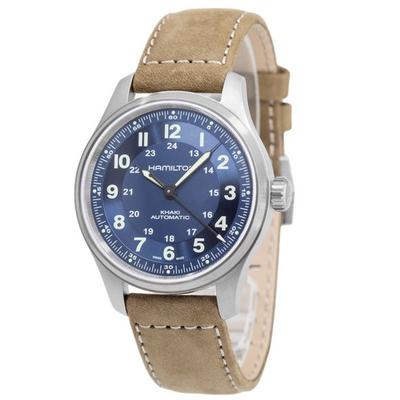 Reloj para hombre Khaki Field con correa de cuero de titanio y esfera azul automático H70545540 100M