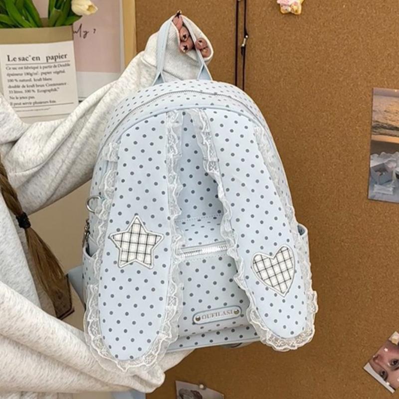 Creative Cute Bunny Ear Backpack Fashion Polka Dot Lace Decor Japanese Lolita Girl Preppy Backpack Lightweight Nylon Handbag