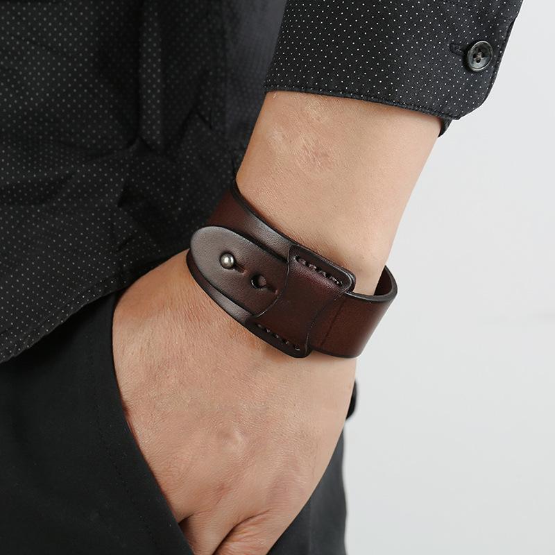 VOQ Punk Geometric Design Black with Brown Genuine Leather Wristband Cuff Bracelet for Unisex Jewelry Creative Gifts Pulseras