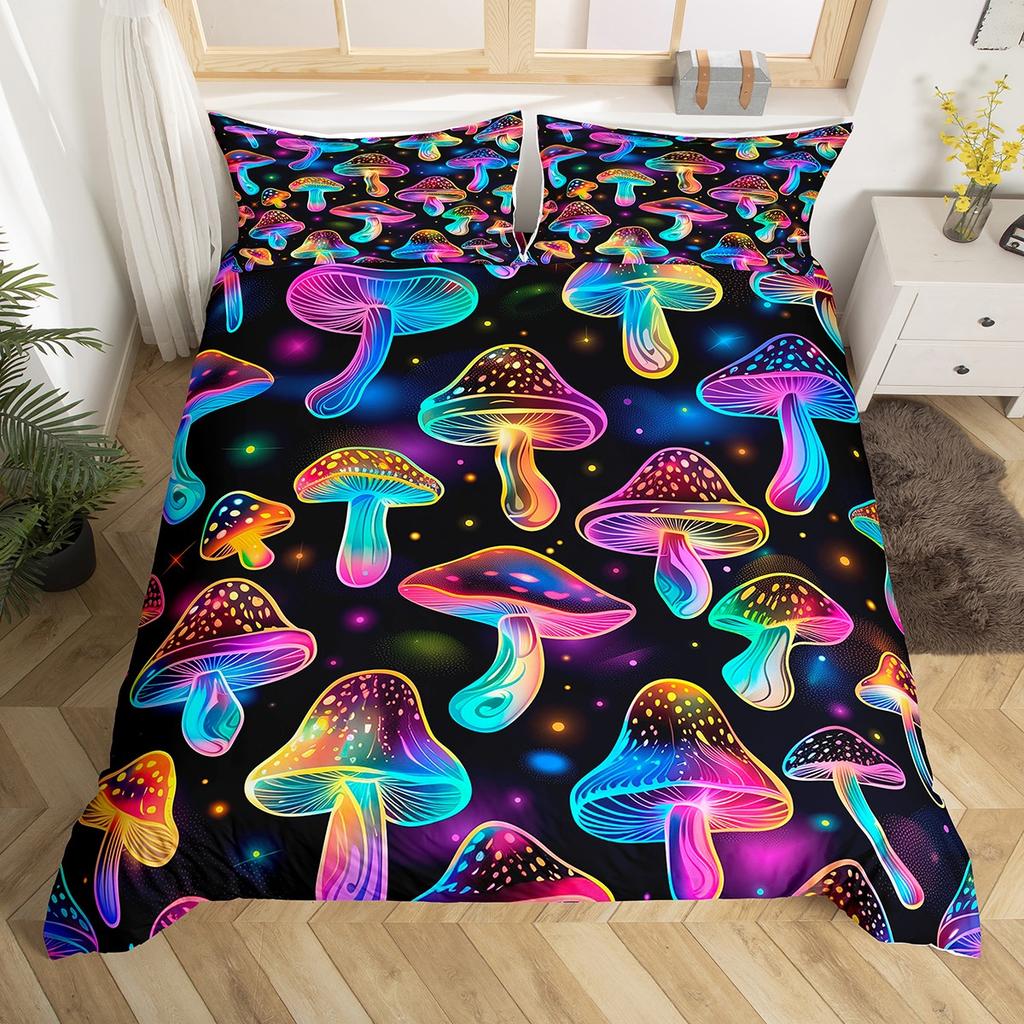 Homewish Neon Jungle Mushroom Duvet Cover Set For TeenGreen Skull Skeleton Bedding SetCartoon Theme Bed Set