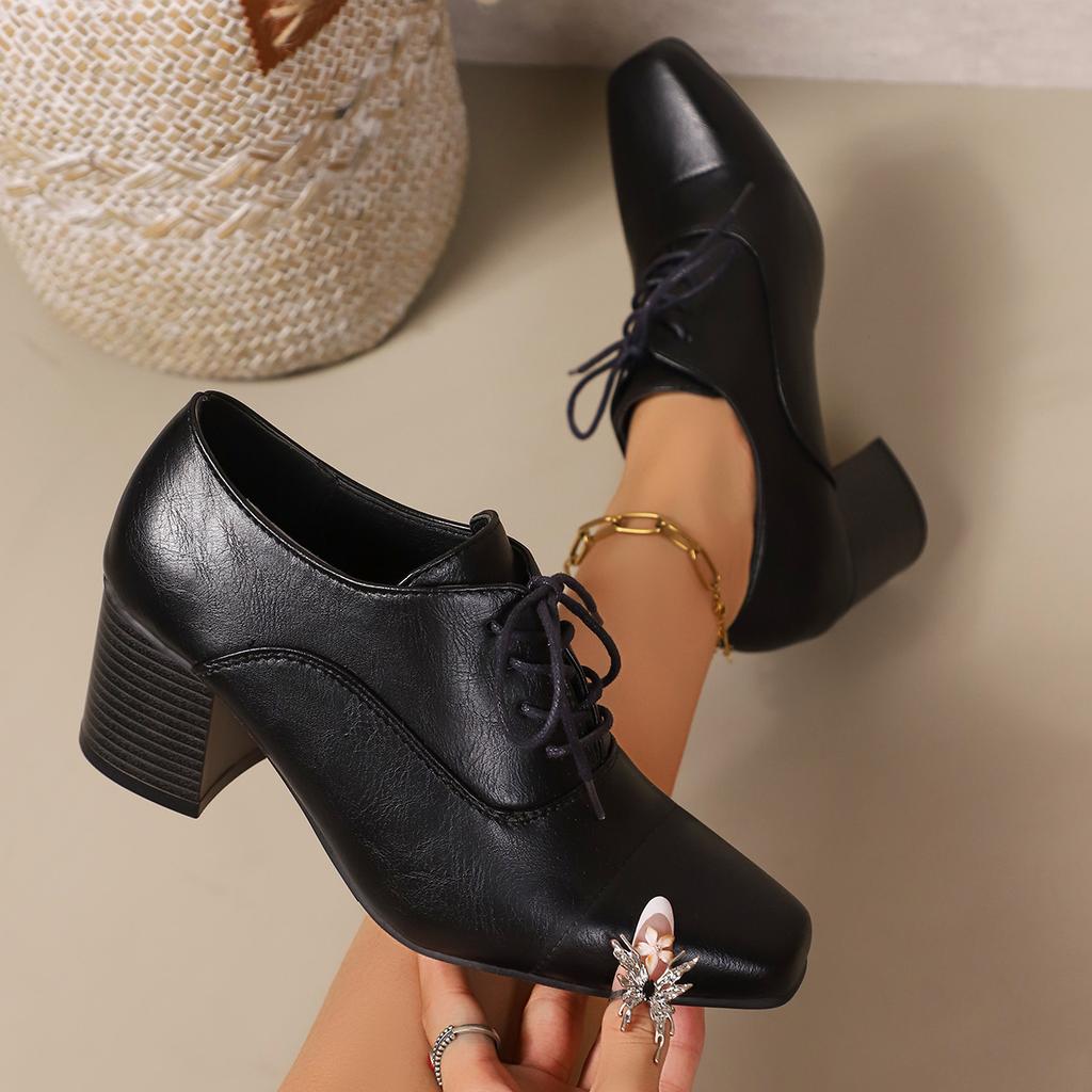 Plus Size Shoes for Women 36-43 Autumn Fashion Women Lace Up Square Toe High Heel Pumps Platform Non-slip Shoes