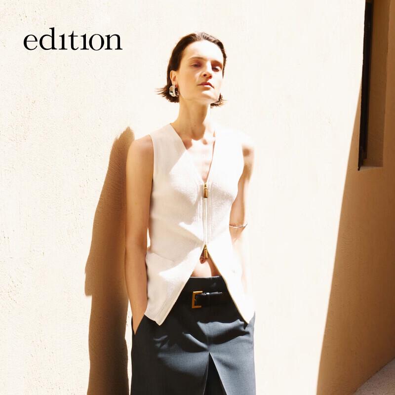 Edition Women s Cotton Linen Blend Knit Cardigan Vest with Double Zipper L