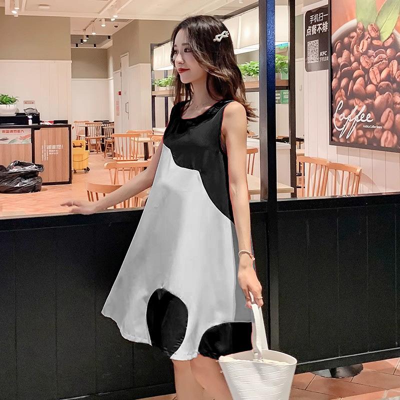 

Maternity dress summer medium and long Korean version loose large size sleeveless dress splicing fashionable maternity skirt 3XL чорний
