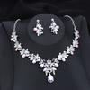 Exquisite 2 Pcs Set Flower Pink AB Crystal Bridal Wedding Jewelry Sets for Women Dangle Earrings and Necklace Sets Blue Green