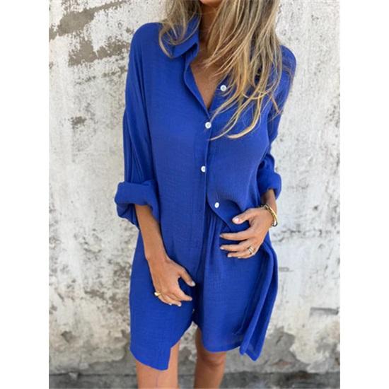 Women's shorts suit casual solid color cotton linen long sleeve wrinkle shirt and shorts two-piece set