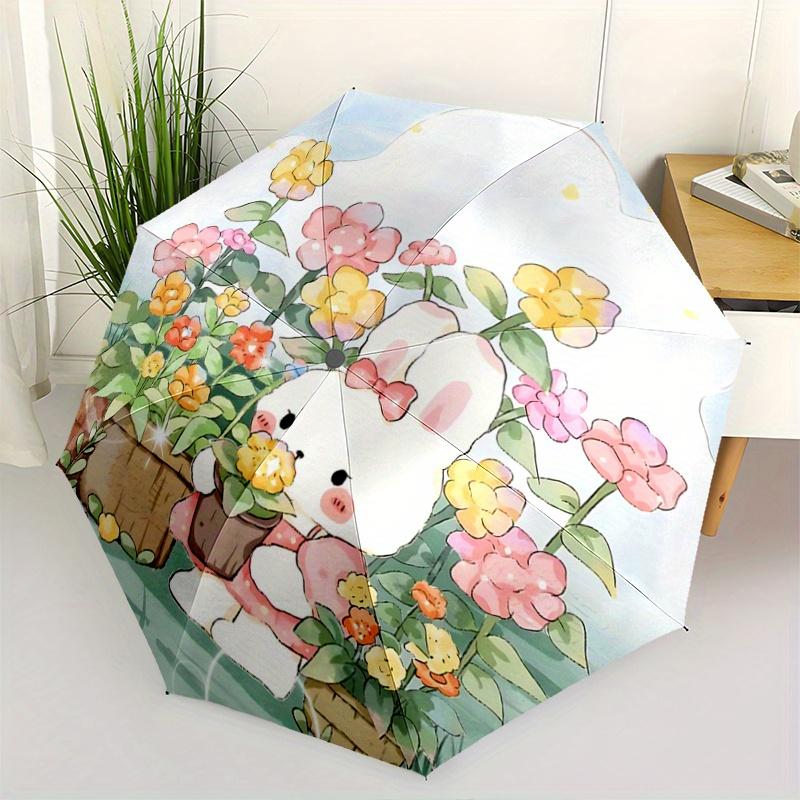 

1pc Bunny in the Garden Automatic Opening and Closing Fashion Umbrella - Small Umbrella Suitable for Various Occasions, Portable 3-Fold Small Umbrella