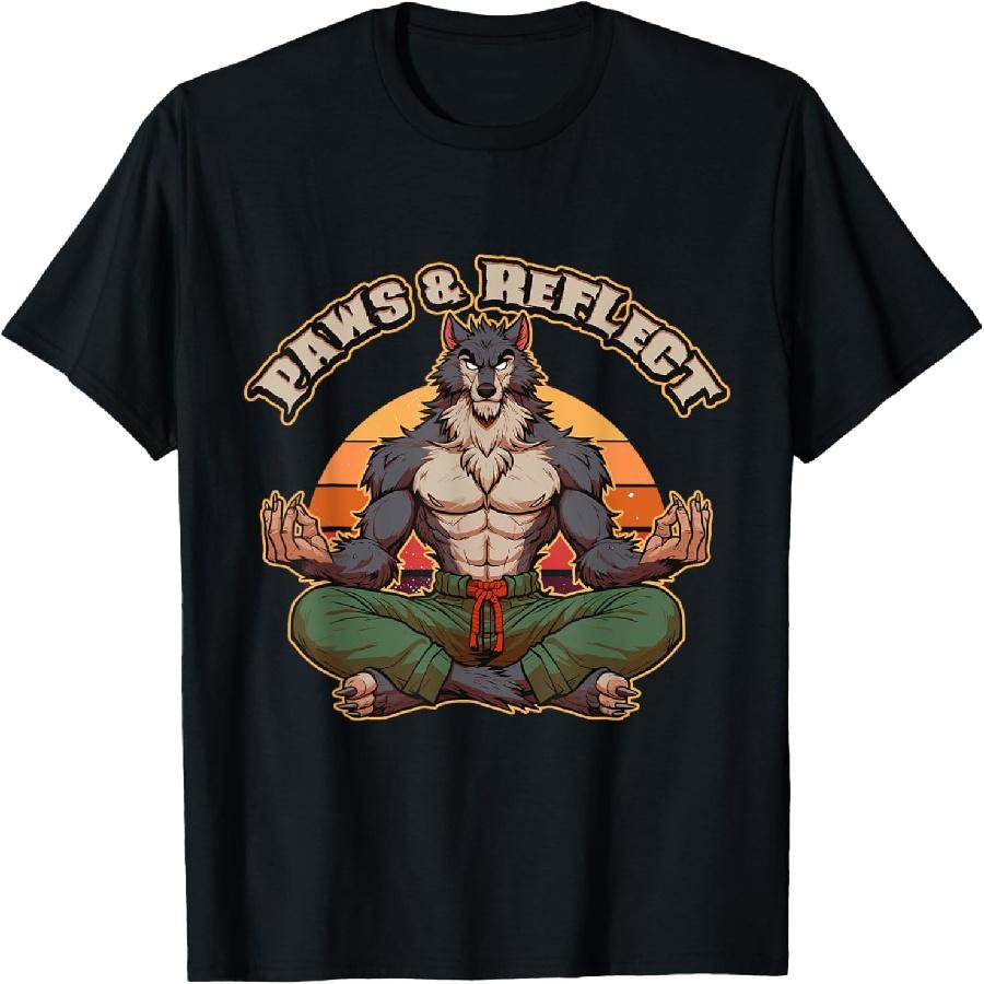 Paws & Reflect Meditating Werewolf Yoga Wolf Zen Vibes T-Shirt S