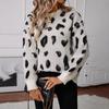 Malhas Femininas Outono e Inverno Soltas Gola Careca Jacquard Estampado Leopardo Escovado Suéter Pulôver