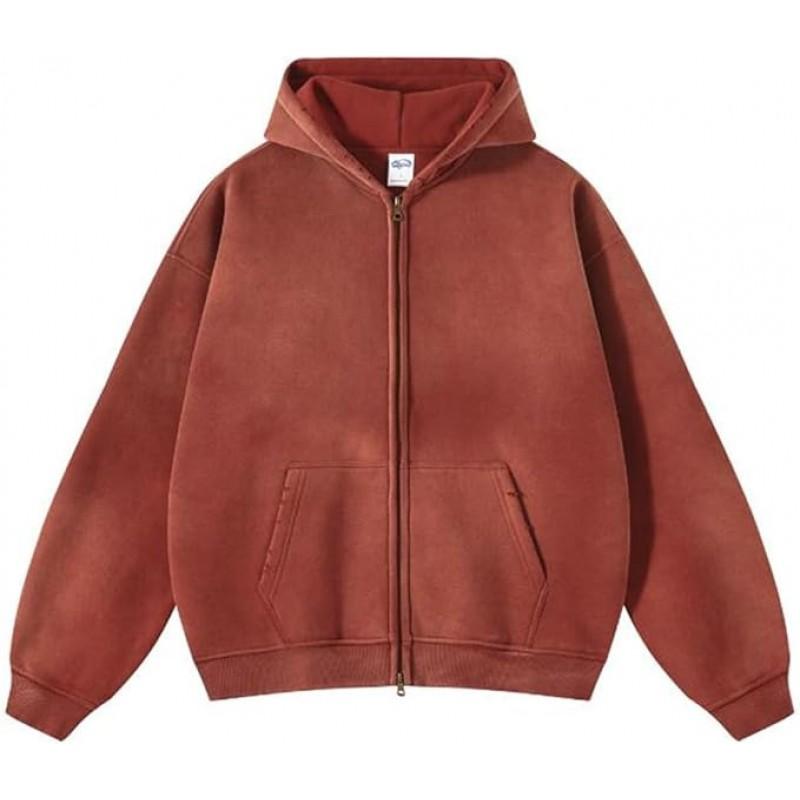 Mens Oversized Hooded Sweatshirt With Distressed Wash Print Heavyweight 400g Cotton Blend Zipper Front Casual Streetwear