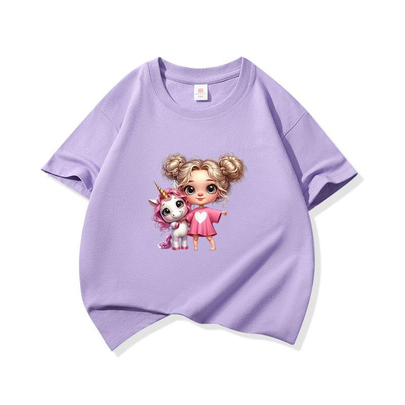 Kids Cotton T Shirt Cute Girl With Unicorn Print Crew Neck Short Sleeve Tee Casual Boys Girls Summer Tops