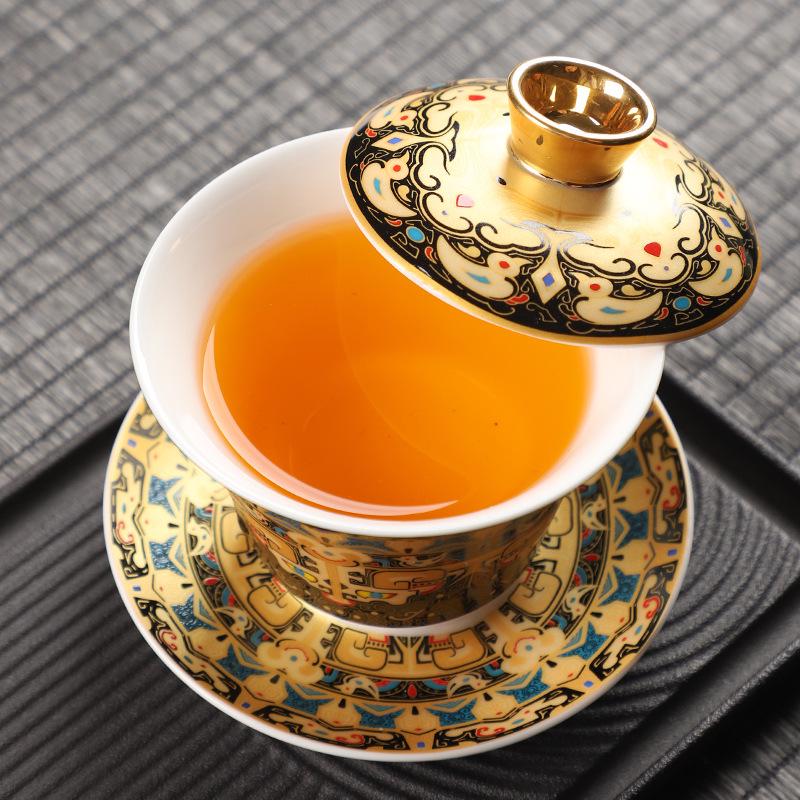 Thangka Jade Sancai Gaiwan Tea Set: High-End Kung Fu Style with Large Hand-Grip Bowl