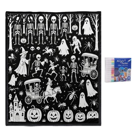 Interactive Coloring Art Gift Halloween DIY Blanket with 24 Markers, Washable Throw Blanket, Color Fabric Kit Your Own Spooky Pattern Mat for