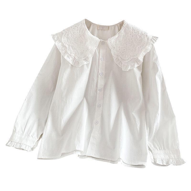 White Shirt Ruffled Loose Long-sleeved Top Autumn New Solid Color Doll Collar Shirt Women French Sweet
