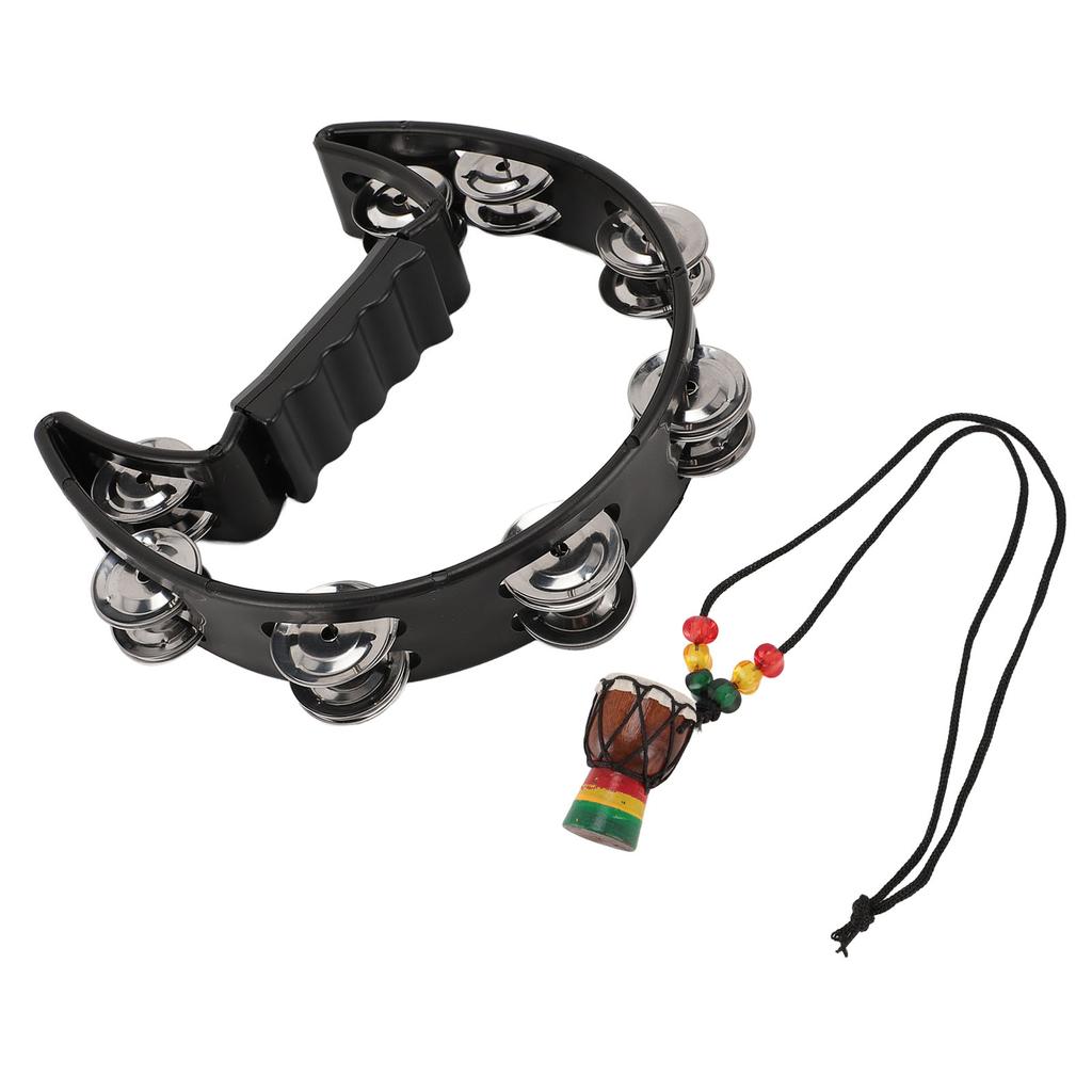 Handheld Tambourine with Hanging Decor Metal Bells Half Moon Drum Black Hand Percussion Instrument for Party Dance