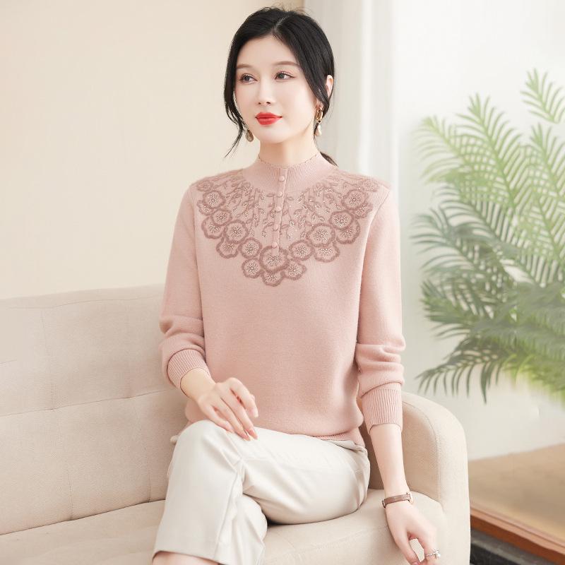 Mom's Autumn/Winter Fleece Sweater: Semi-High Neck, Thickened One-Piece Top for Middle-Aged & Elderly Women