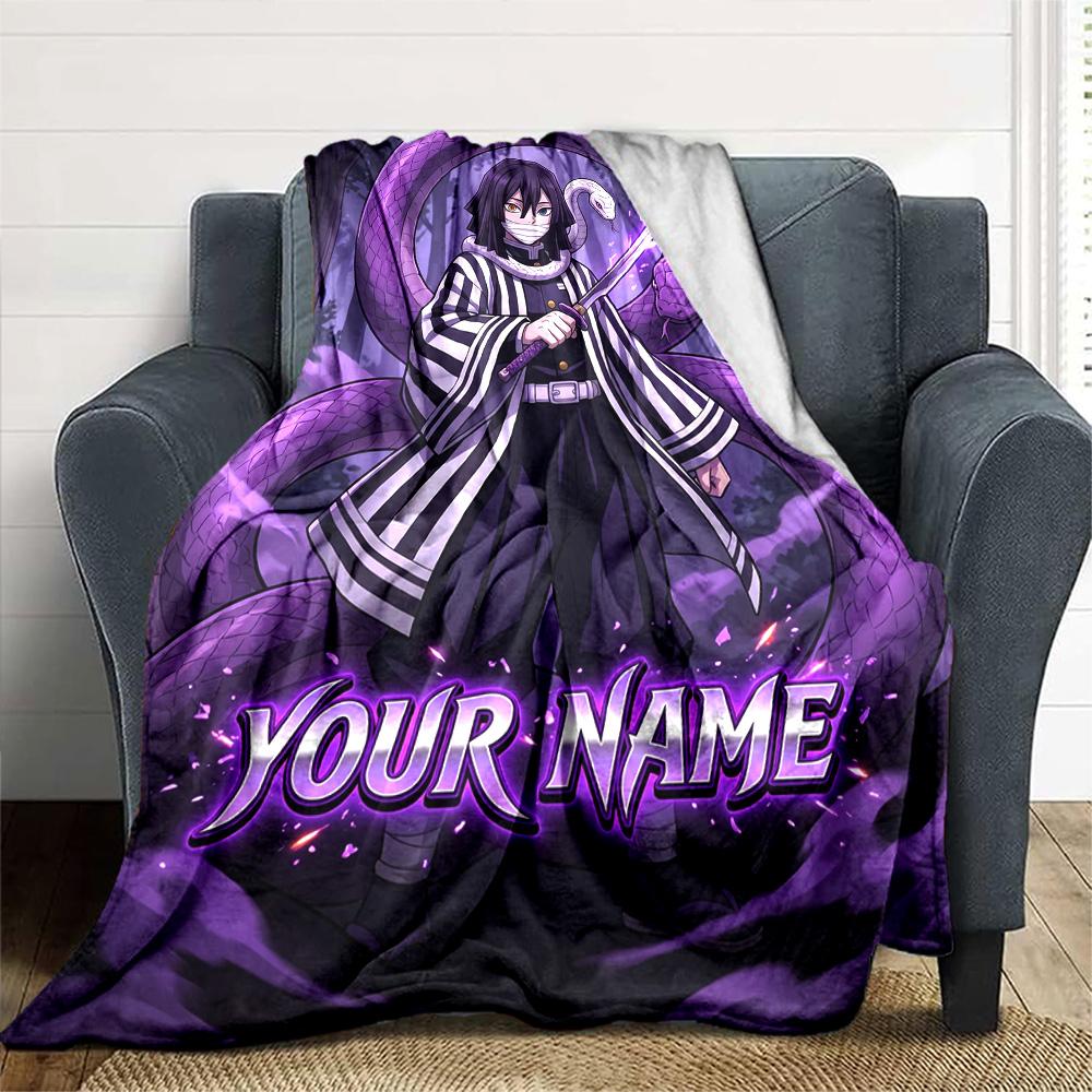 1pc Iguro Obanai Blanket with Custom Name, Gift, for Men and Women, Soft Blanket, Good for Sofa Bed Couch Travel, Lightweight Flannel Blanket