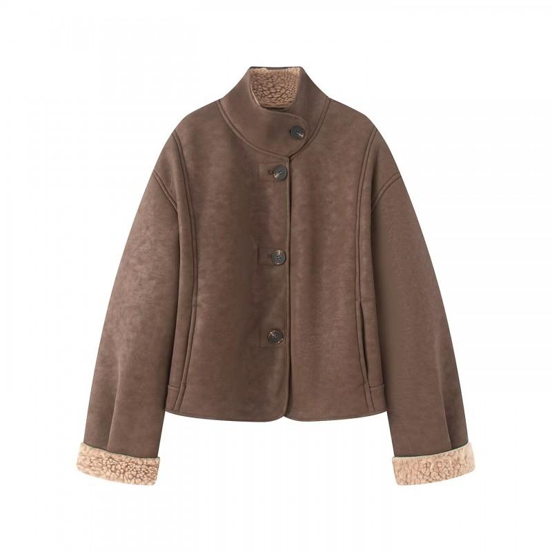 Womens Winter Casual Loose Fit Stand Collar Reversible Jacket Warm Outerwear