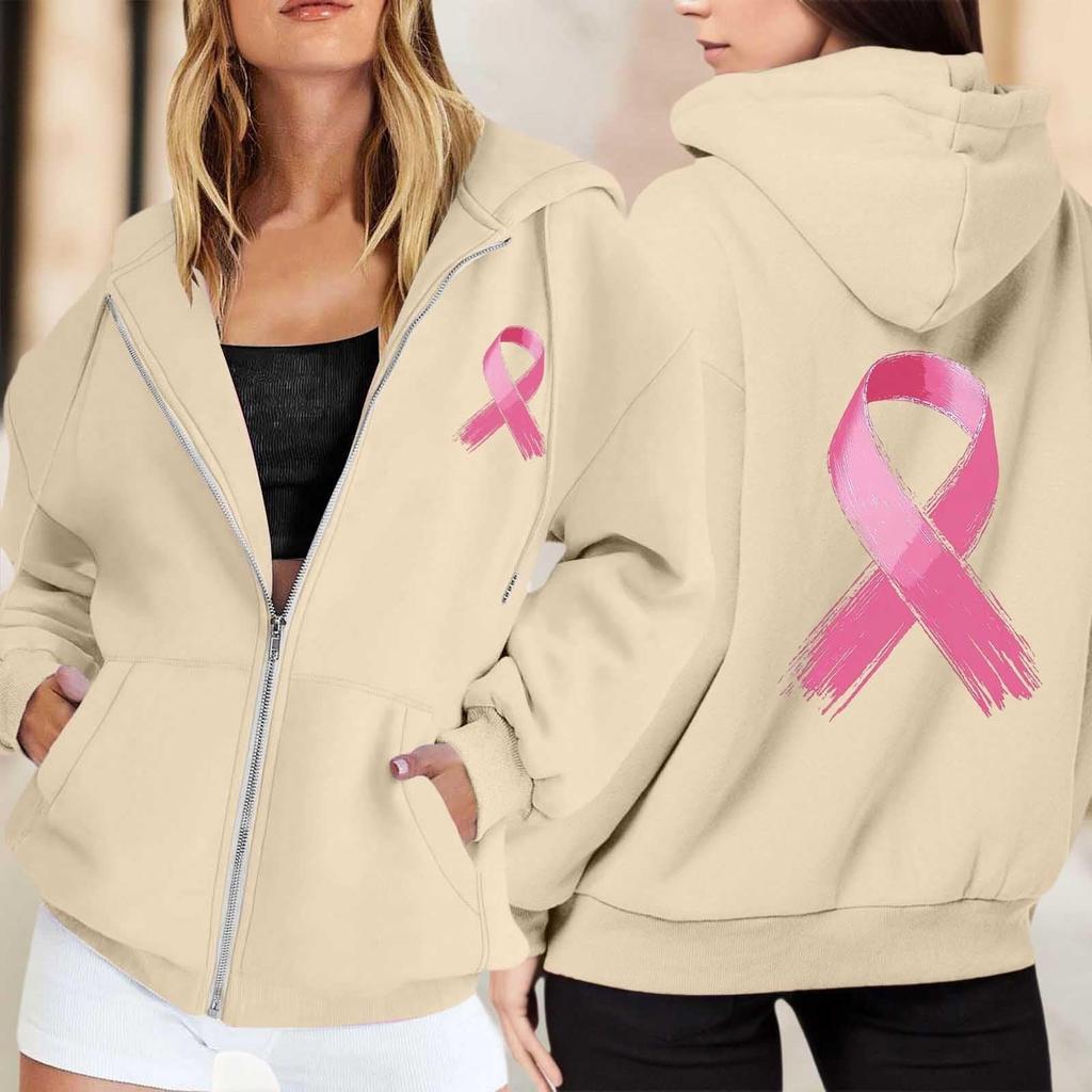 Women's Breast Sweatshirt Ribbon Breast Long Sleeve Hooded Pocket Casual Sweatshirt Jacket