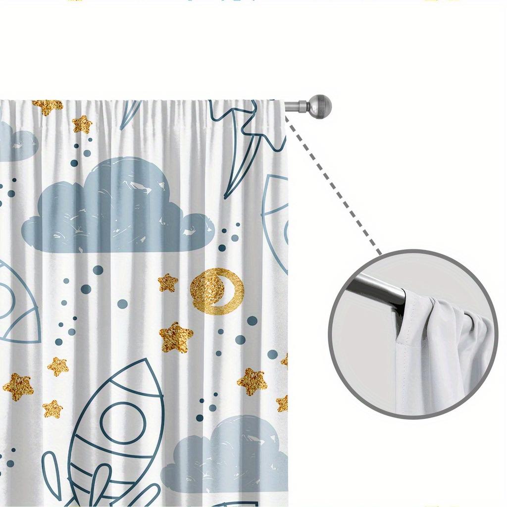 2pc Rocket and planet print curtains, polyester fabric, machine washable, suitable for bedroom and living room decoration