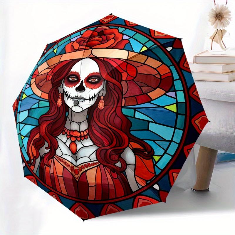 Mexican Folk Art Sugar Skull Umbrella - La Calavera Catrina Design with Floral Patterns, Automatic Open/Close, 8-Rib Compact 3