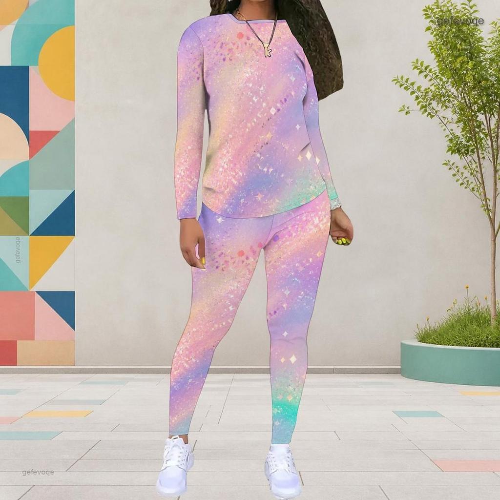 Women Plus Size Black Printed Round Neck Long Sleeve Top And Fitted Pants Two Piece Set