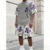 Summer Men's Set Splicing Colors Flower Printed Men's T-shirt and Shorts 2 Piece Set Summer Casual Outdoor Men's and Women's Outfit Clothing