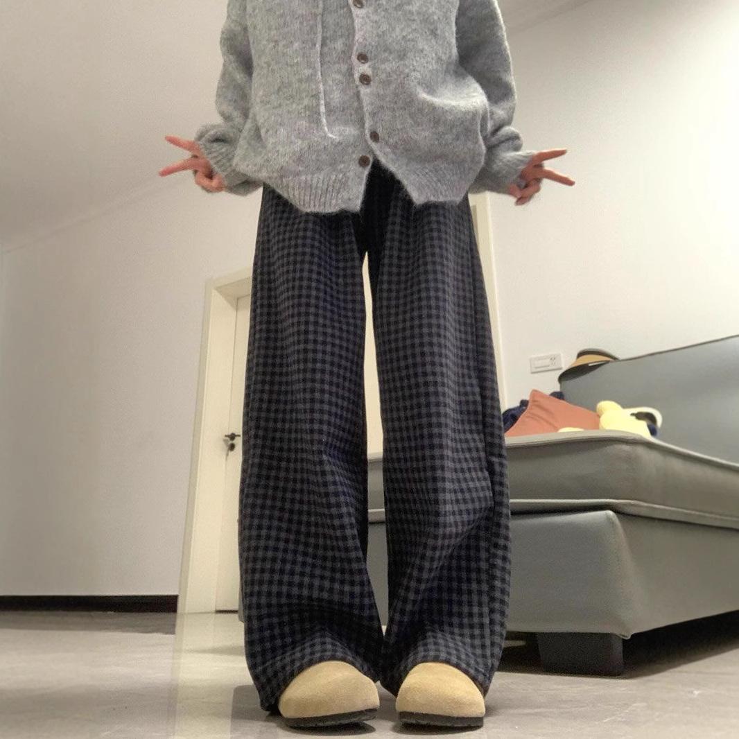 

Ретро Бархатные Шерстяные Клетчатые Брюки с Завышенной Талией и Широкими Штанинами для Женщин - Зимние Повседневные Свободного Кроя XL