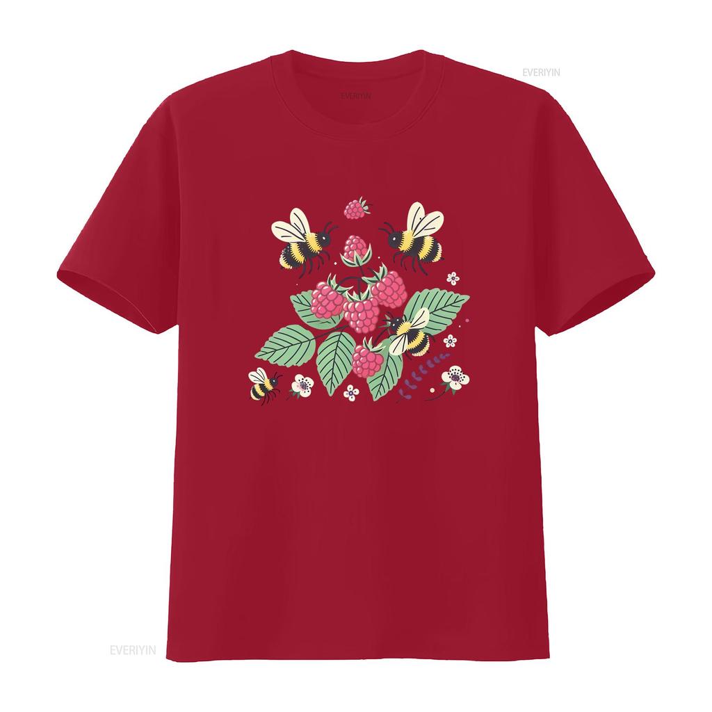 Cute Cartoon Bumblebee Raspberry Wild Floral Nature Print Casual T Shirt vintage Washed Stylish Unisex Stretched Versatile