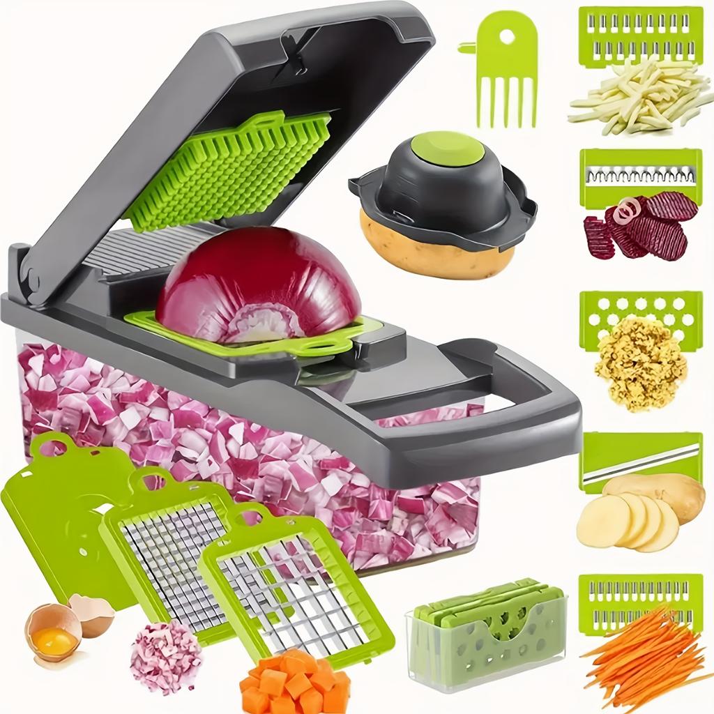 16-in-1 Manuelles Gemüseschneider-Set Mit 8 Klingen, Behälter, Sparschäler & Sieb, Zwiebel-Knoblauch-Schneider Würfler, Küchenhelfer Geschenk