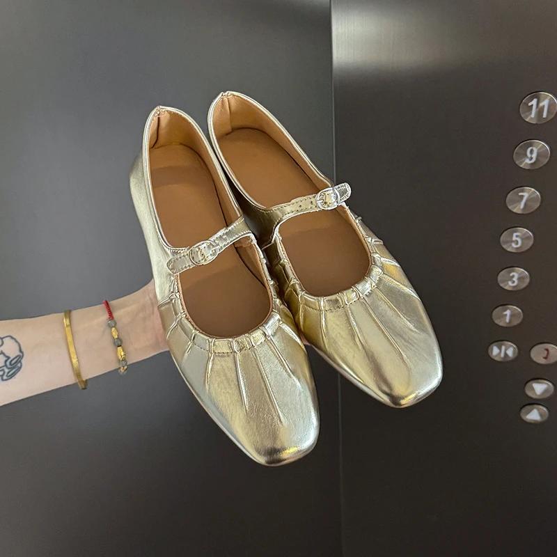 2025 Mary Jane Shoes Glossy Leather Ballet Flats Fashion Pleated Low Heel Single Loafers Women Soft Sole Casual Mules Pumps
