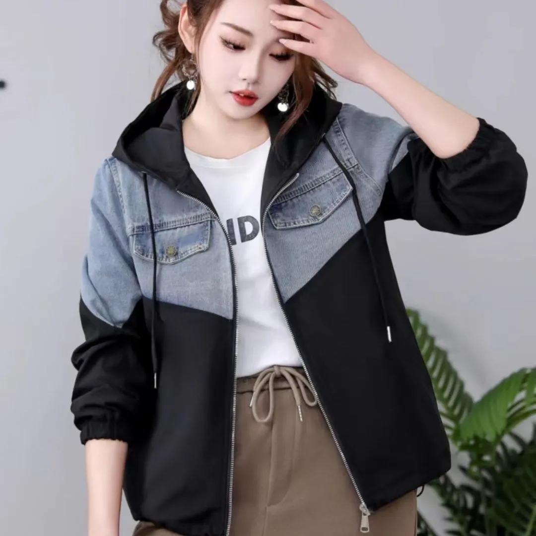 

Женская модная свободная повседневная короткая джинсовая куртка с прострочкой на весну и осень - Топ с капюшоном XXL чёрный