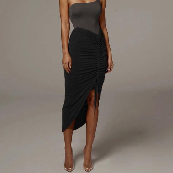 Bodycon Skirt Shirring Drawstring Women Solid Color High Split Irregular Skirt Clubwear