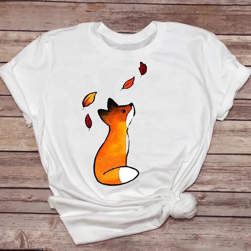 Women T-shirts Watercolor Short Sleeve 90s Fox Animal Ladies Print Graphic T Lady Shirt Travel