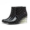 Women's Rain Boots Waterproof Overshoes Female Soft Sole Anti-slip PVC Plastic Shoes Fashion Printed Wedge Heels Zipper Gumboots
