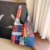 New women's bag retro ethnic style contrasting color collage shoulder hand satchel large capacity underarm canvas bag women's shoulder bag