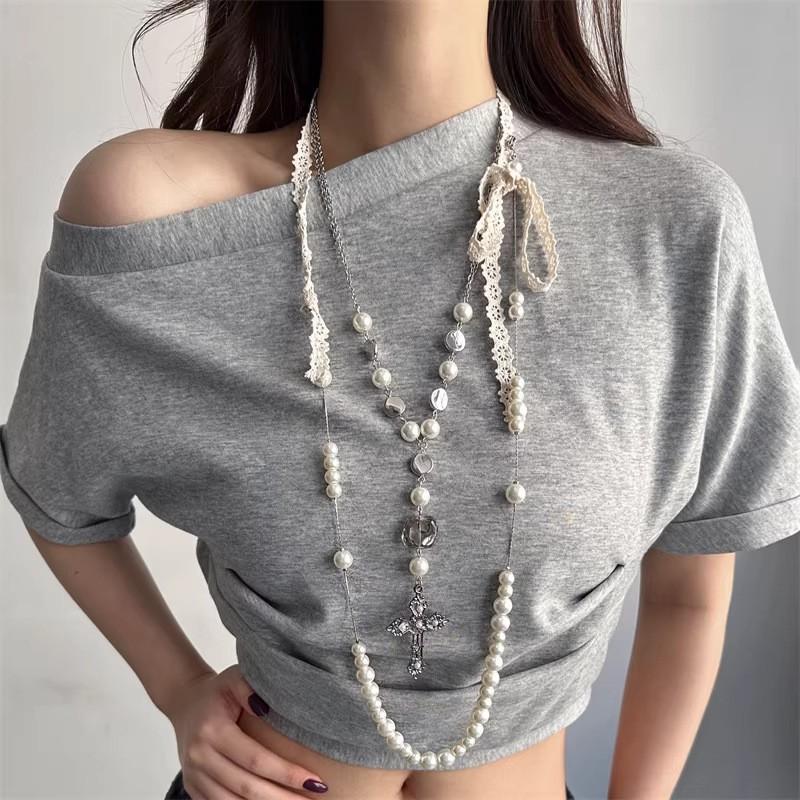 Elegant French Pearl Cross Lace Trim Pendant Necklace Women Layered Luxury Choker Chain Statement Jewelry 2-Piece Set Cross Lace Trim Ribbon Necklace