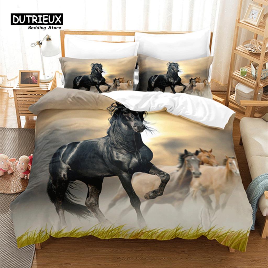 Unicorn Horse Bedding Set 3D Animal Print Duvet Cover Galloping Horse Comforter Cover Queen For Boys Teens Adults Decor Bedroom