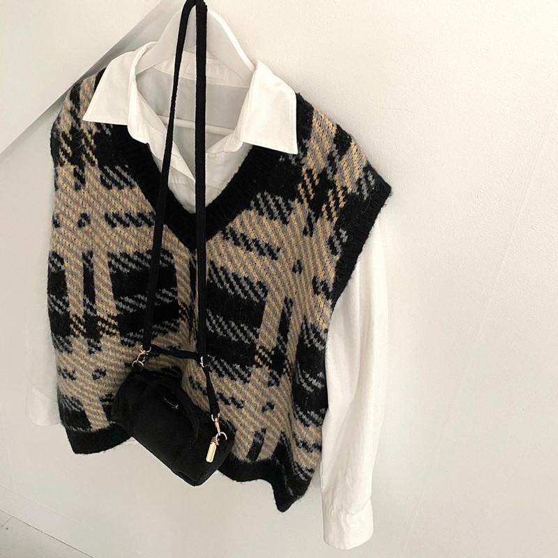 Fashion Plaid Printed V-neck Women Knitted Pullover Sweater Vest Autumn Loose Casual Office Tank Top Sleeveless Simple Waistcoat
