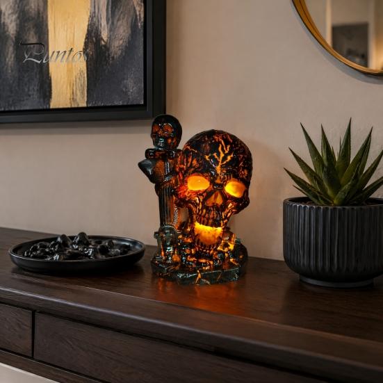 Resin Skull Figurine Table Lamp, Halloween Glowing Skeleton Figurine, Gothic Ambient Lamp Night Light for Mantel Shelf Party Home Decor Goth Chic Room