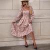 Elegant Floral Print Summer Dress for Women A Line Square Neck Long Sleeve Maxi Dress with Ruffle Hem