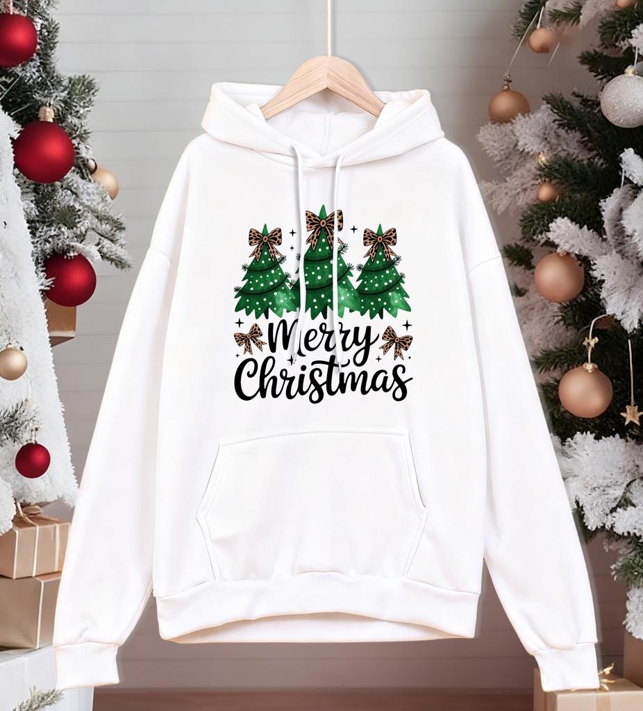 Merry Christmas Bow Trees Printing Hoody Men All-Match Autumn Sportswear Oversized Comics Streetwear Casual Fleece Hoodies