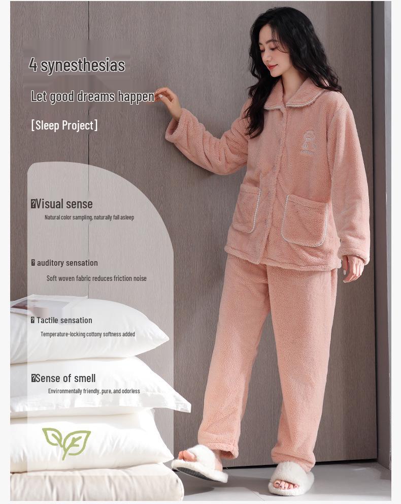 Ensemble de Pyjama d'Hiver en Flanelle pour Femme - Cardigan Mignon, Manches Longues, Vêtement d'Intérieur Chaud et Confortable