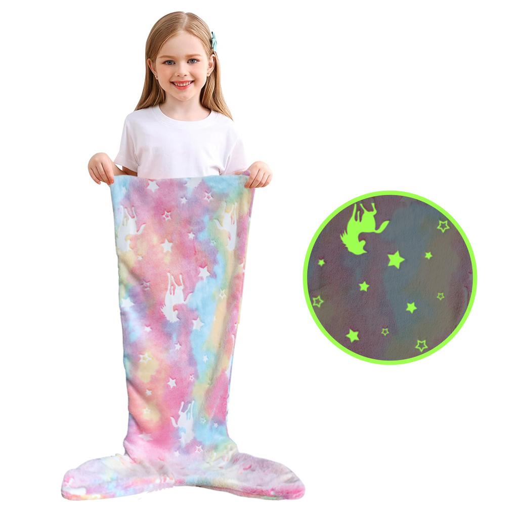 Cartoon Rainbow Unicorn Mermaid Tail Blanket Super Soft Glow in The Dark Flannel Mermaid Tail Blanket Gifts for Girls