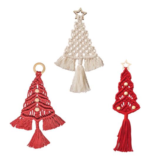 Cotton Rope Christmas Hanging Ornament Bohemia Hand Woven Wall Hanging Decoration with Wood Beads for Christmas Home Door