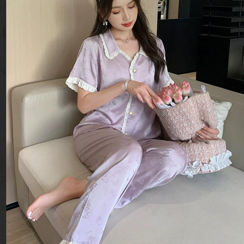 French Purple Jacquard Light Luxury Ice Silk Pajamas Short-Sleeved Trousers Women'S Summer Thin High-End Loungewear