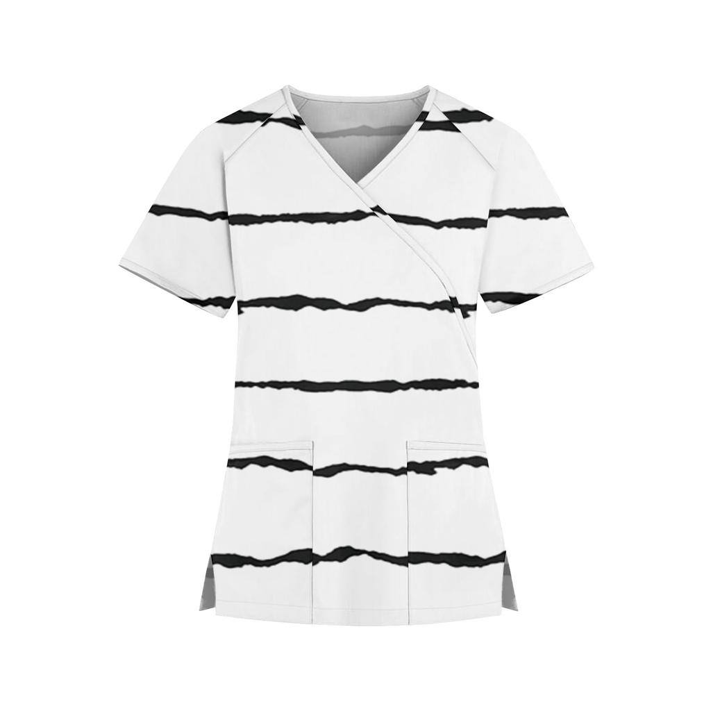 Women's Fashion V-neck Stripe Color Matching Printed Short Sleeve Workwear With Pockets Tops Protective Clothing