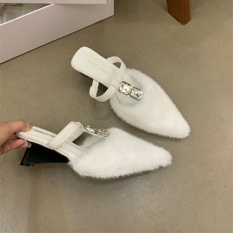 Autumn and winter new fashionable versatile pointed rhinestone fluffy shoes women's rhinestone velvet one pedal bag head half slippers