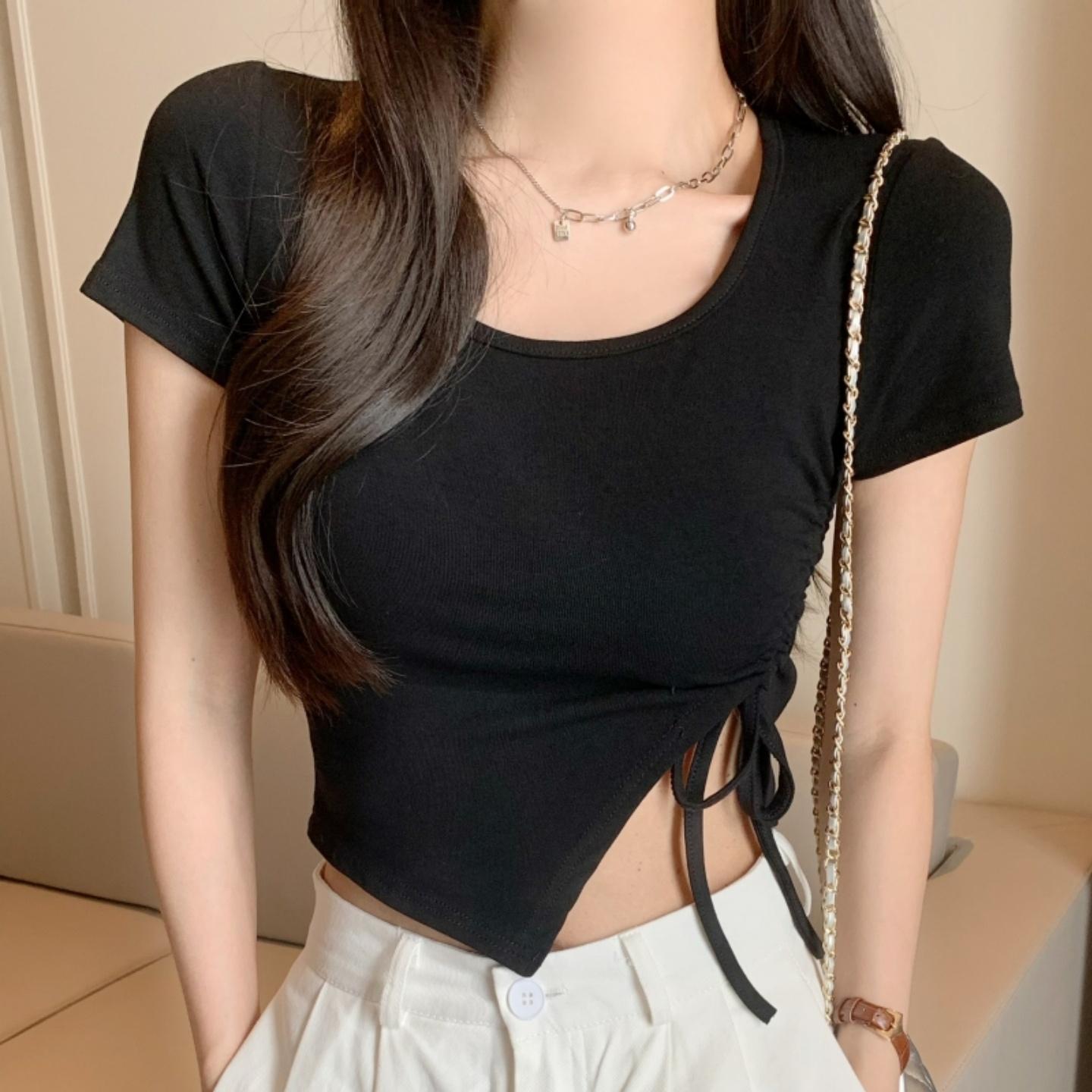 

Летние корейские футболки с коротким рукавом для женщин из чистого хлопка, однотонные, повседневные, тонкие, футболки Harajuku, нерегулярные, со шнурком, для студентов, укороченные топы Y2k, уличная одежда XL