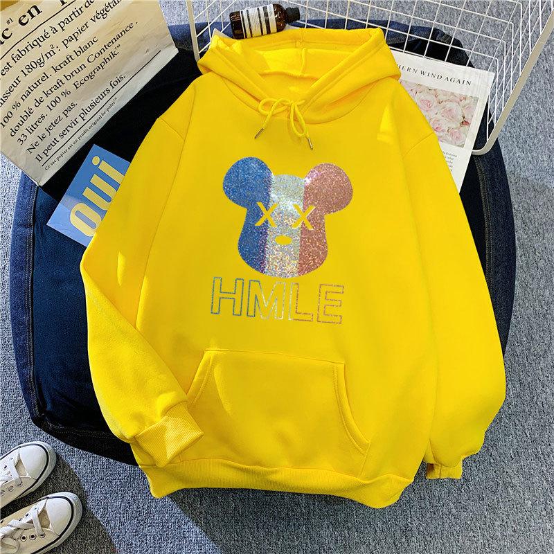 Winter Fall Women Fashion Cartoon Print Hooded Loose Velvet Warm Sweatshirt