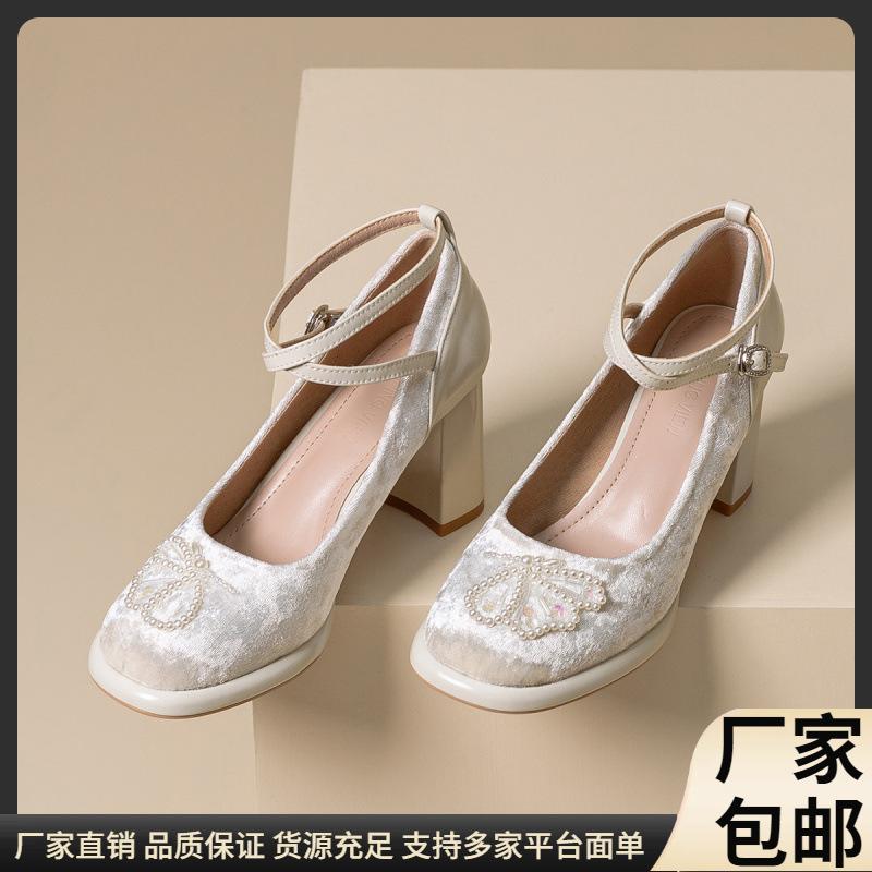 

Spring, summer and autumn 2025 new round head thick heel waterproof table shallow mouth high heels versatile princess Mary Jane shoes 34 абрикосовый